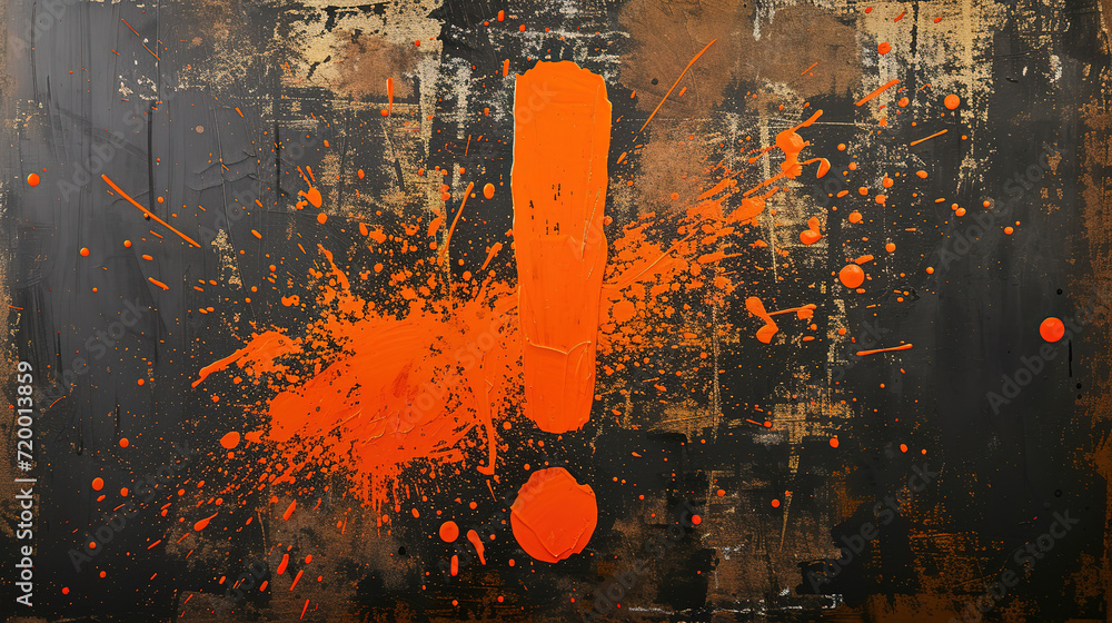 Obraz premium A dynamic orange exclamation mark formed by splattered paint on a textured canvas