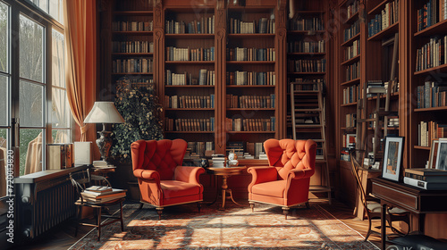 Cozy Home Library with Red Armchairs and Sunlight