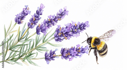 A honey bee sits on a lavender flower. Illustration, watercolor drawing of a bee in nature. Postcard, natural background, cover photo