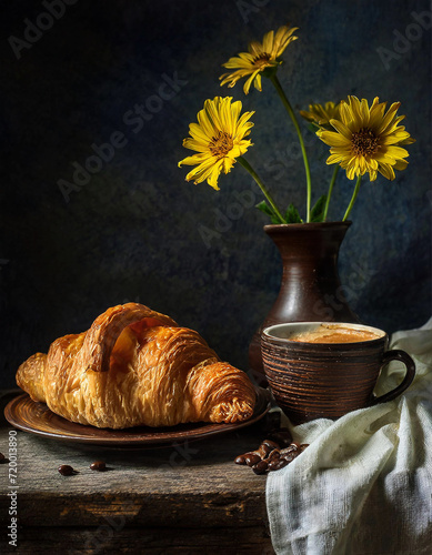 Still life with croissant and flowers.