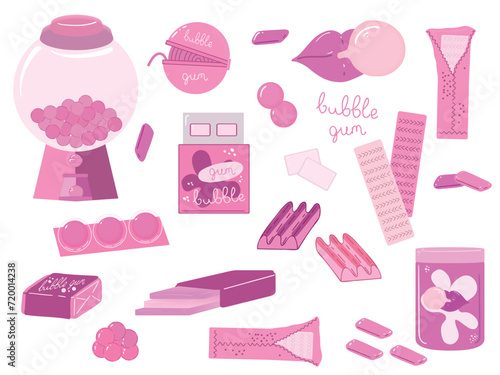 A set of chewing gum. Pink chewing gum packages, a chewing gum machine, lips inflating a bubble. the style of the 70s, 80s, 90s. Isolated vector illustration on a white background.
