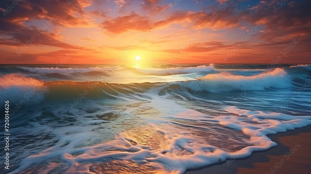 Sunset over sea and wave in the beach.