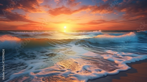 Sunset over sea and wave in the beach.