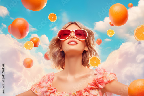 fashion bright beautiful summer girl with a flying juicy oranges posing sky background. summer cover