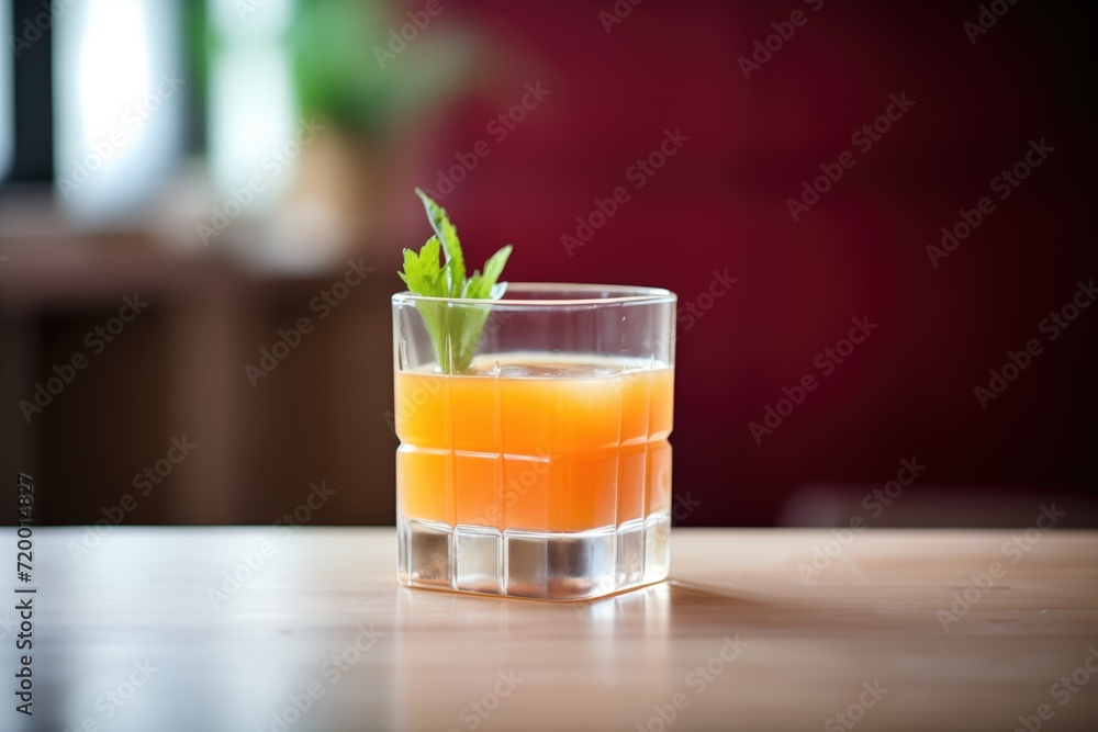 high angle of square glass filled with carrot juice high angle of square glass filled with carrot juice