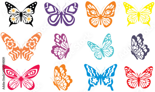Butterfly tattoo Multi color art stickers. Black sketches. Vector hand drawn illustration, butterfly silhouette in trendy retro  style.