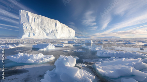 Majestic floating iceberg wall beside the dark sea.