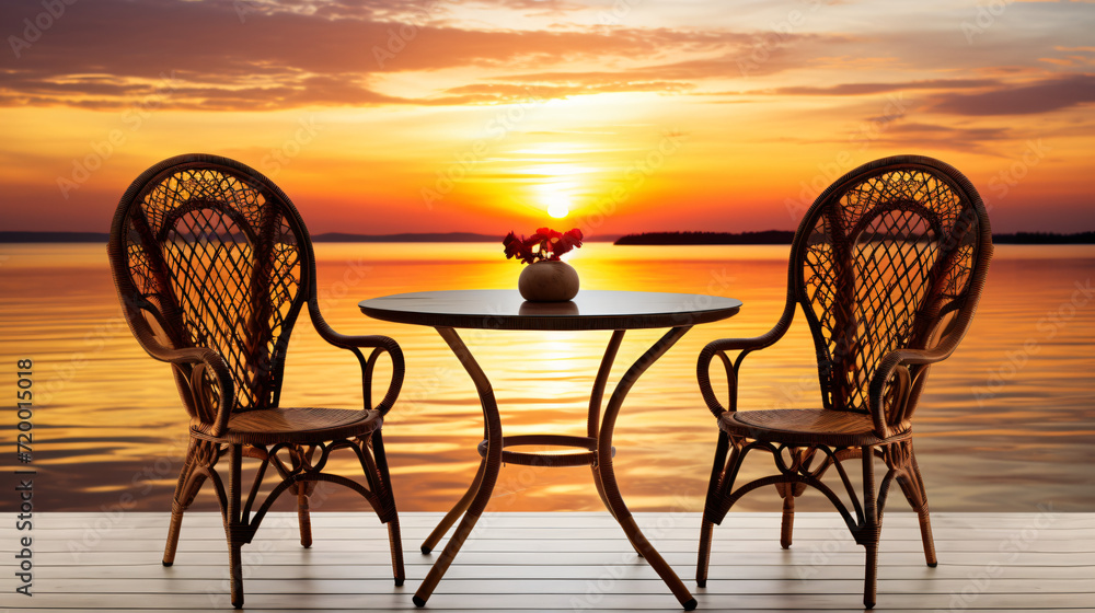 Table and chairs with sunset