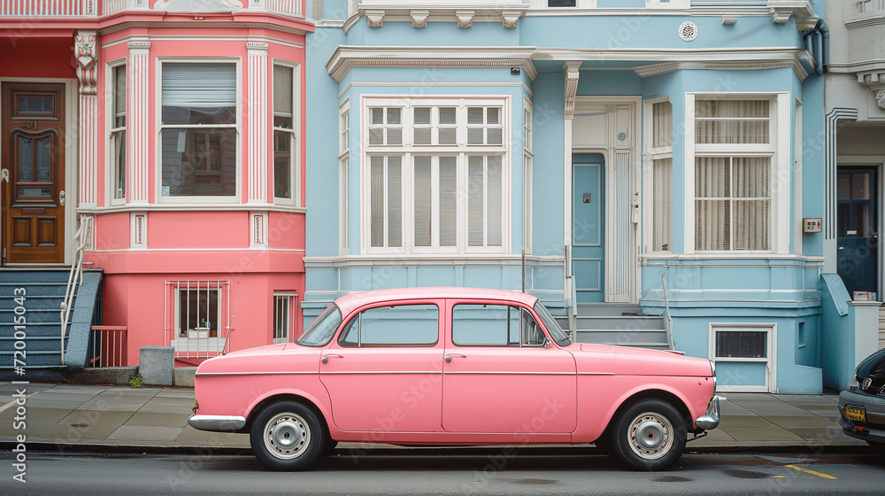 Vintage Pink Car Parked in Front of Pastel Houses