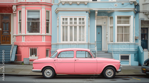 Vintage Pink Car Parked in Front of Pastel Houses © Stanley