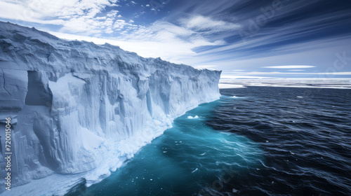 Majestic ice wall beside the dark blue sea.
