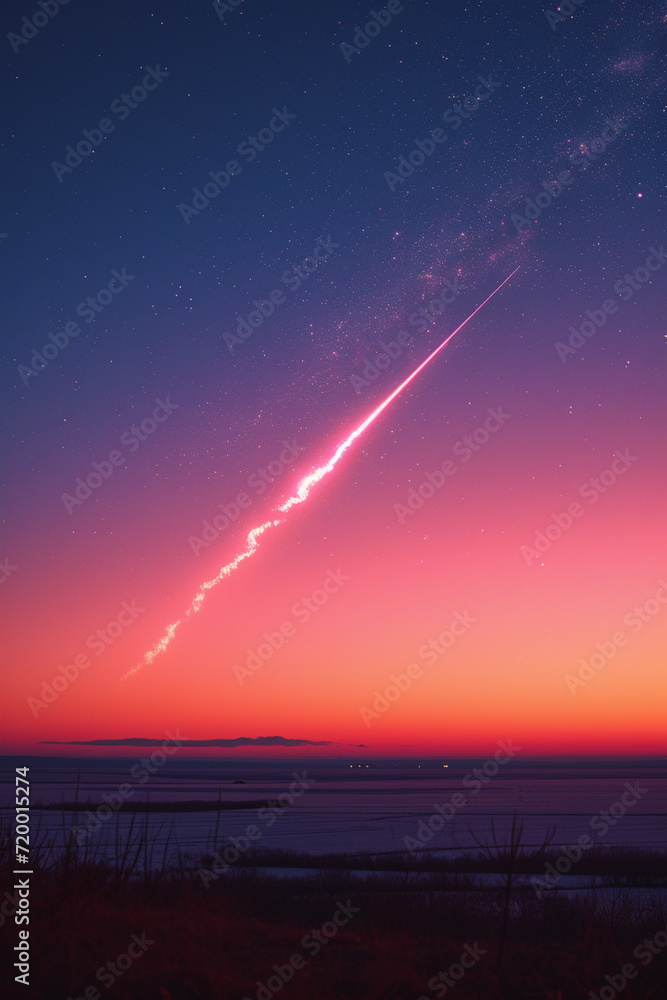 A depiction of a minimalist shooting star in soft pastel shades, gently arcing across a plain background,