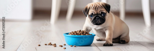 Cute pug puppy sits on the floor next to a bowl and eats dry food while looking at the camera, in the living room. Banner with place for text. Animal care concept © Irina