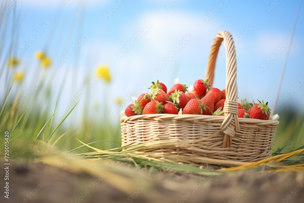 basket of strawberries on sunny field edge basket of strawberries on sunny field edge