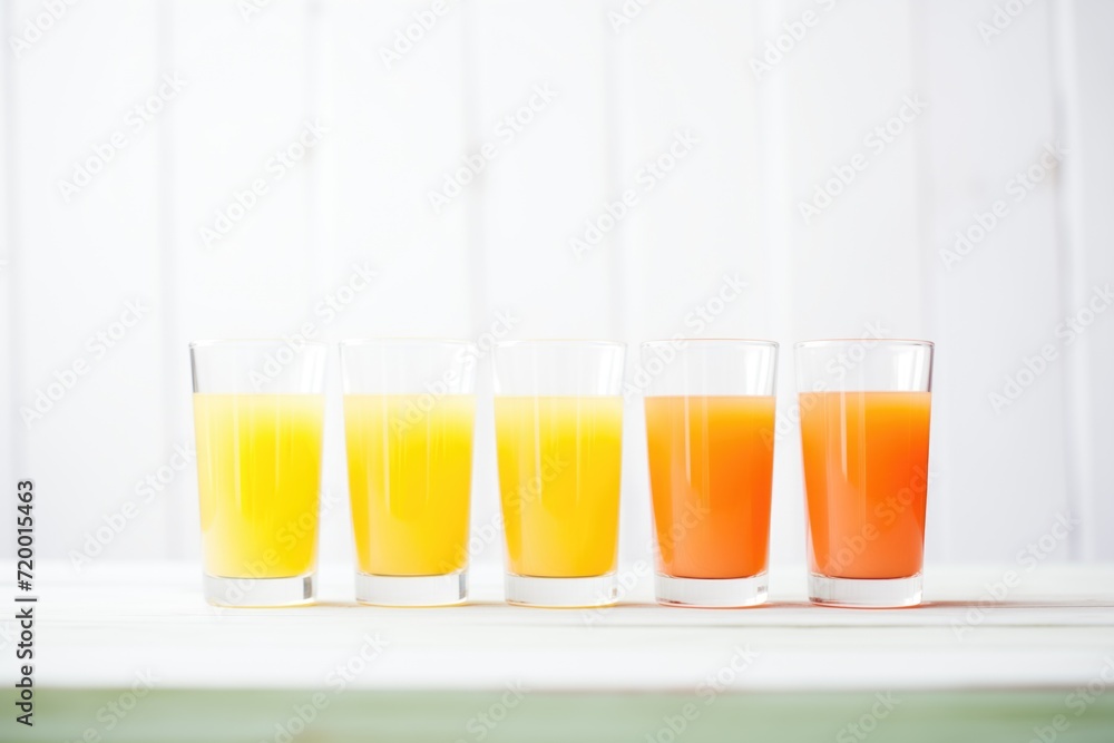 multiple glasses of carrot juice lined up, gradient of color shades multiple glasses of carrot juice lined up, gradient of color shades
