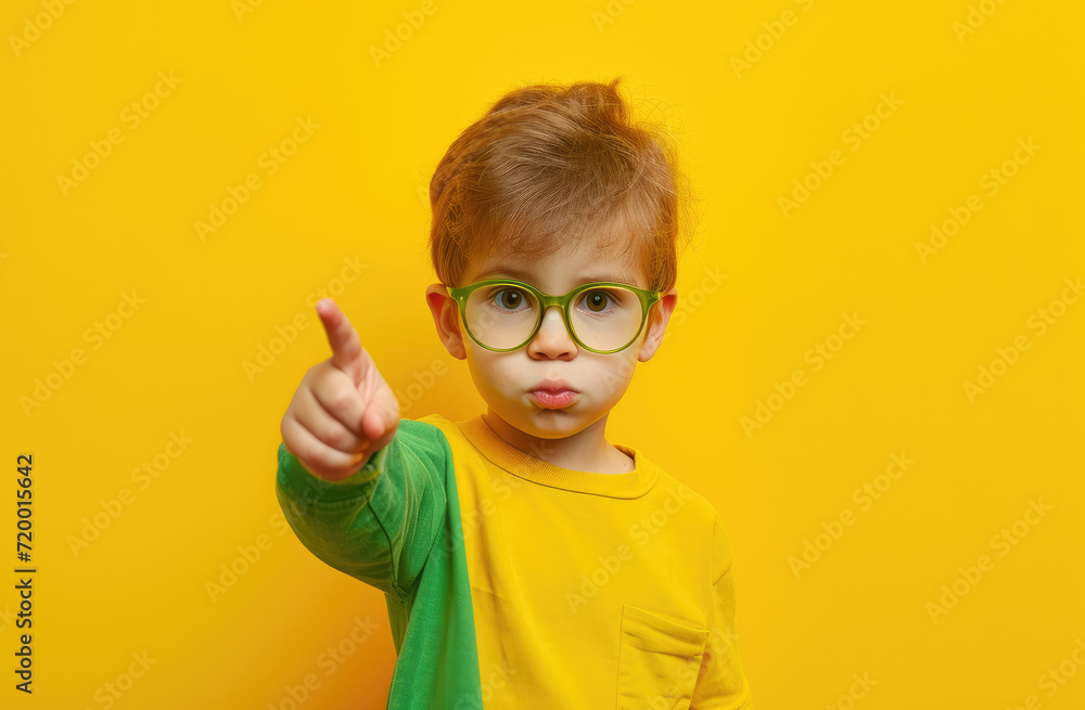 a kid with glasses pointing finger