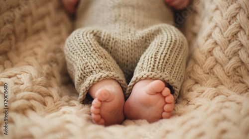The legs of a newborn in a knitted blanket