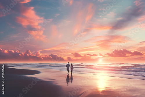 Couple in love on the beach at sunset. Beautiful romantic moment. Couple walking on the beach with seagulls at sunset. Concept of love. Man and woman walking on the beach at sunset.  © Nadezhda