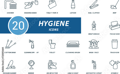 Hygiene outline icons set. Creative icons: shower, washing hands, toilet paper, lotion, nail clipper, mop, mouthwash, tissue box and more