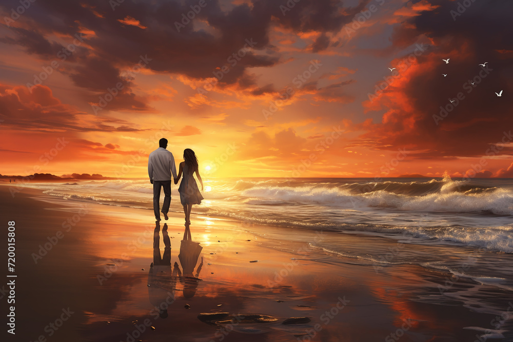 Couple in love on the beach at sunset. Beautiful romantic moment. Couple walking on the beach with seagulls at sunset. Concept of love. Man and woman walking on the beach at sunset. 