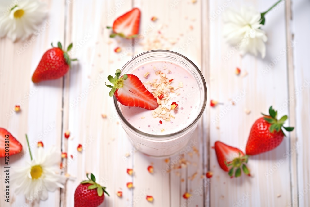 high angle of strawberry shake beside fresh strawberries high angle of strawberry shake beside fresh strawberries