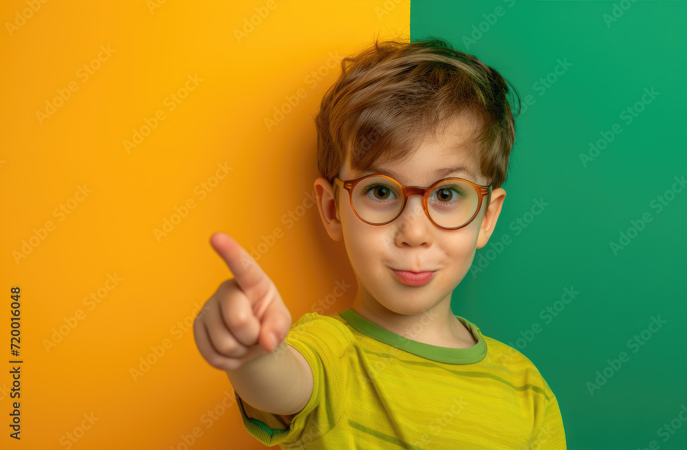 a kid with glasses pointing finger