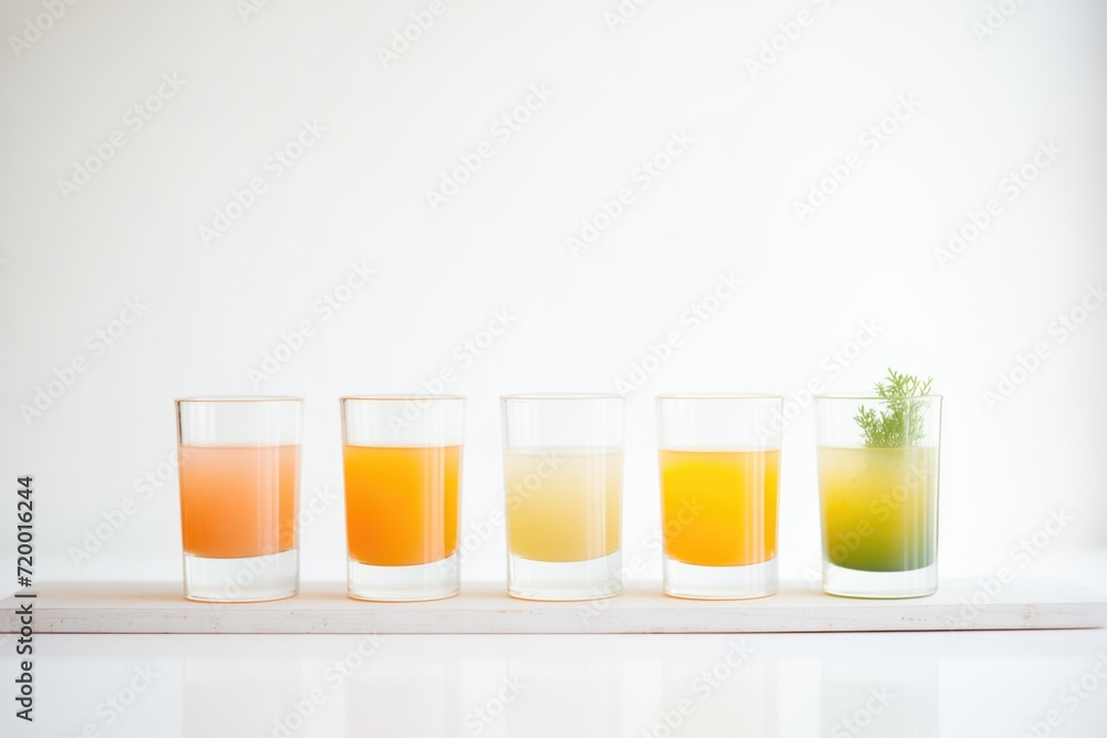 multiple glasses of carrot juice lined up, gradient of color shades multiple glasses of carrot juice lined up, gradient of color shades