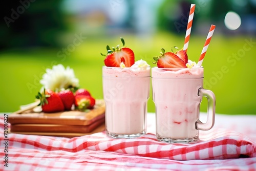 duo of strawberry shakes on a picnic blanket, sunny day at park
