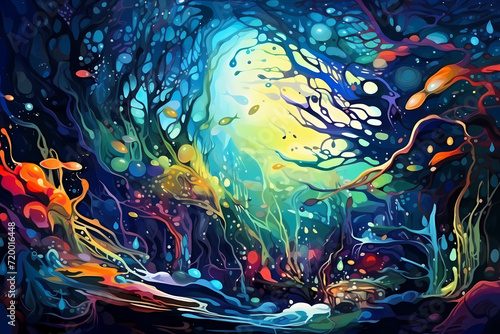 Vibrant colorful abstract painting, depicts a dynamic mix of swirling, splashing, and dripping liquids paints in various colors. Abstract scene.