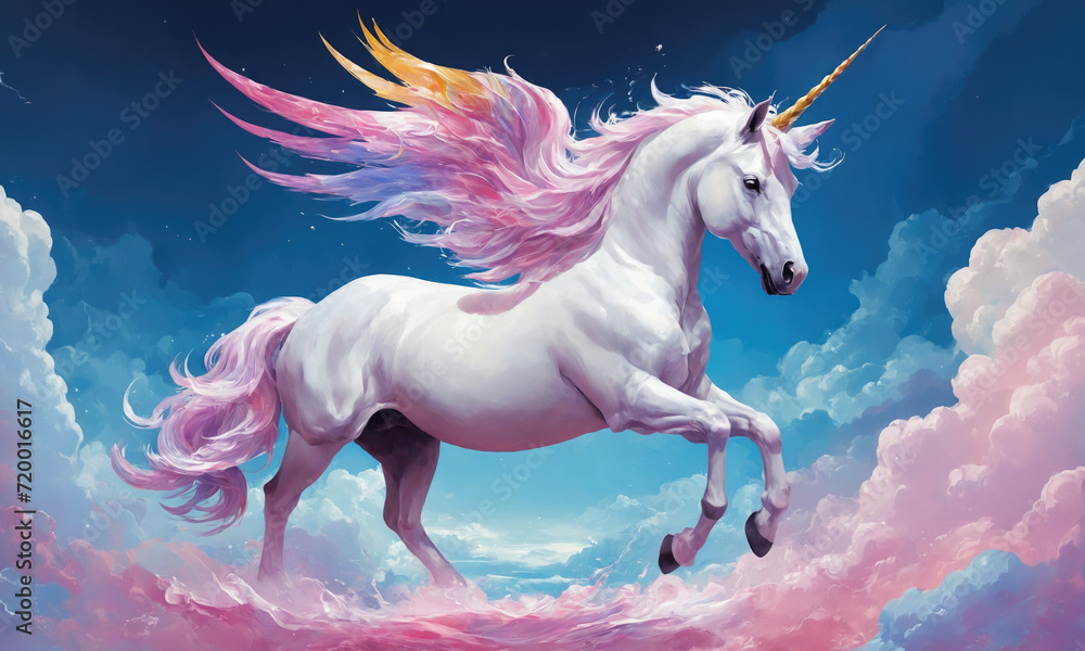 Fototapeta premium Fantasy Illustration of a wild unicorn Horse. Digital art style wallpaper background in pastel colors.