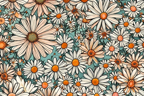 Seamless daisy delight unfolds in HD  creating a trendy vintage 70s floral pattern with a burst of pastel colors.