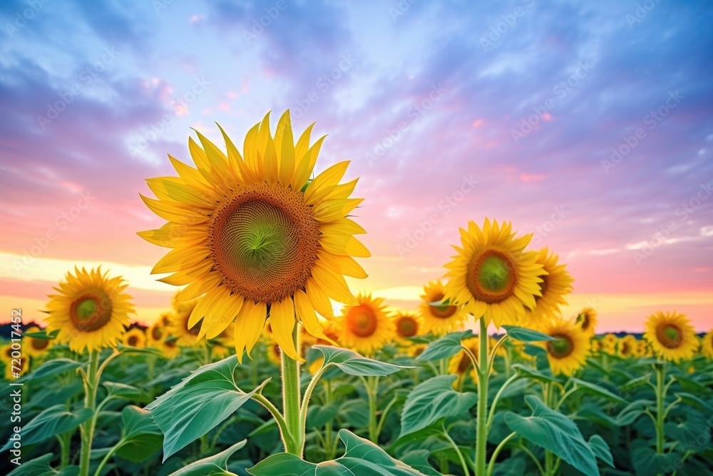Fototapeta premium row of sunflowers with a colorful sunset sky in the background