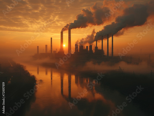 A plant polluting the environment with smog from its chimneys at sunset.