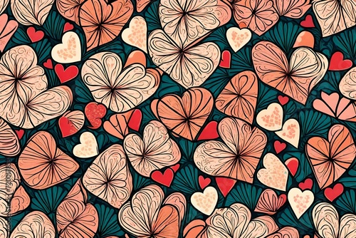 A burst of creativity unfolds with hearts in an abstract masterpiece  forming a seamless pattern adorned with the timeless charm of retro-inspired romantic colors.