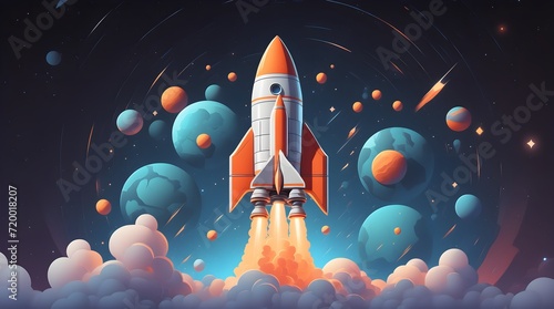 Illustration of the rocket taking off, business concept. Rocket launching to space background to space exploring. Interplanetary species concept of rocket taking off in the night sky. photo