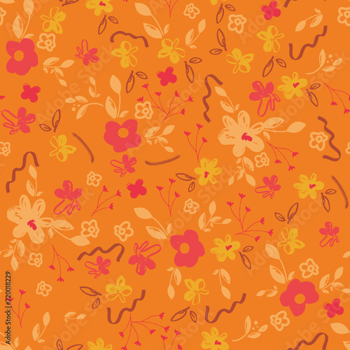 Abstract floral seamless pattern. Bright, pastel colors, gouache painting. Outline contour lines flowers. Scribble patterns Curved lines and brush strokes.