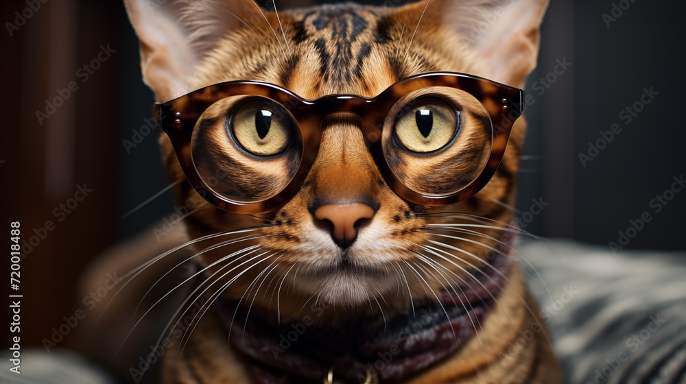 Fototapeta premium A Bengal Cat looking at camera with Eyeglasses. Funny and Cute image.