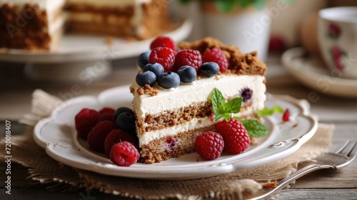 Berry cake dessert  beautifully garnished with various types of fruit