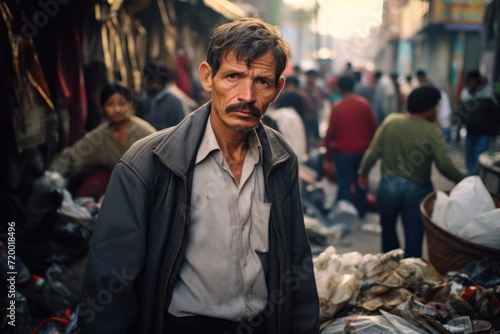 
Photograph of a middle-aged Mexican man, about 49 years old, standing amidst the crowded and chaotic streets of a Mexico City shantytown photo