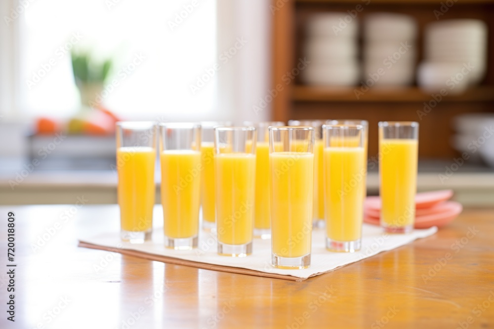 vibrant carrot juice glasses, multiple servings lined up vibrant carrot juice glasses, multiple servings lined up