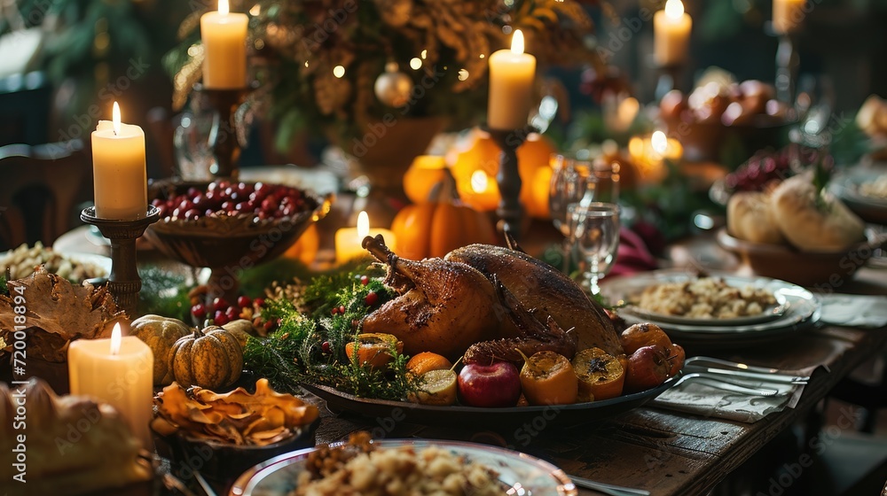 Fototapeta premium Traditional holiday meals, which might include a variety of dishes such as roasted chicken, vegetables and other festive foods. The setting could be a dining table decorated