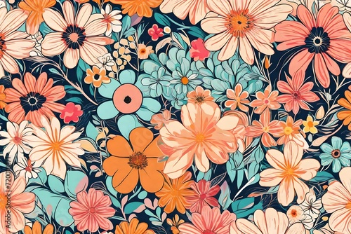 Retro vibes bloom in this HD-captured vintage 70s style floral artwork  embodying a groovy and colorful pastel nostalgia.