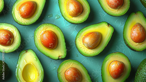 Halved Avocado With Visible Seed  Bright Teal Backdrop Composition