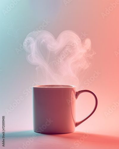 Coffe mug with steam shaped like heart on a light pink background. Minimal valentine concept. Women's day greeting card