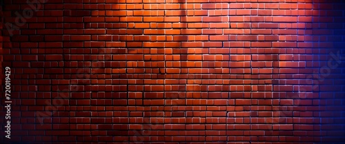 Neon light on brick walls that are not plastered background and texture. Lighting effect red and blue neon background vertical of empty brick basement wall, high quality photo, cinematic shot, realist