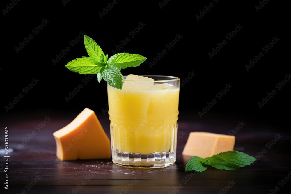 Fototapeta premium mango juice in glass with ice cubes and mint leaves