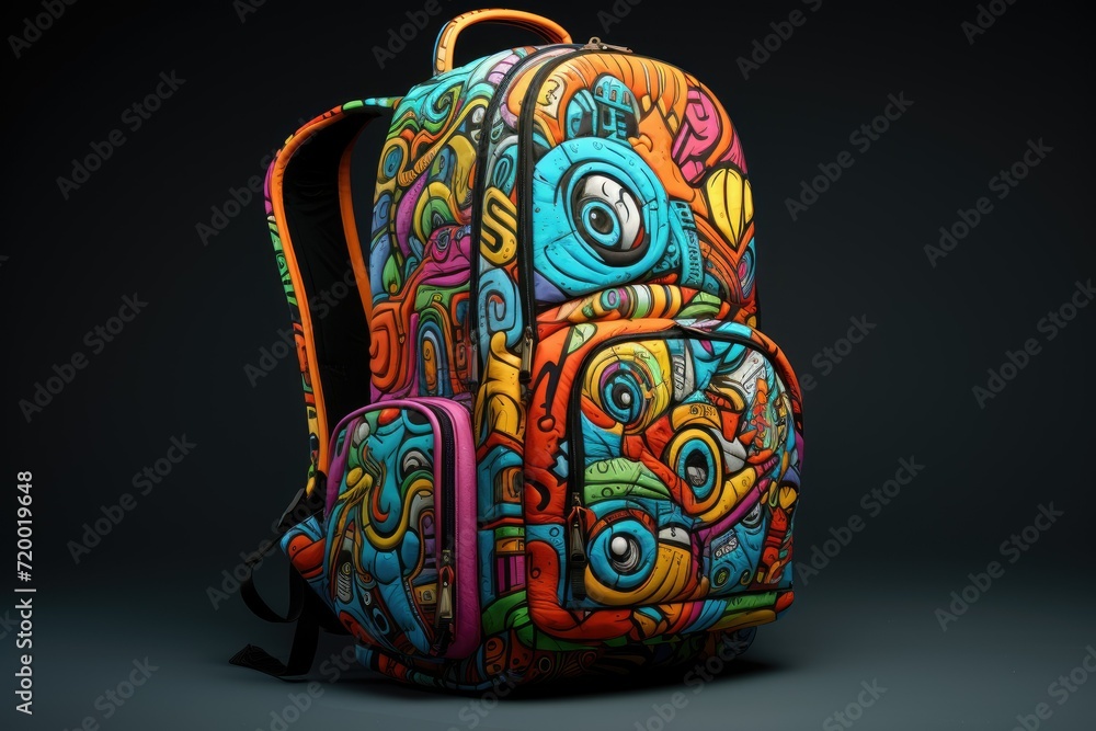 Backpack with drawings on a dark background, Back to school and education concept. 3d rendering. Backpack with school supplies Ai generated Backpack with drawings on a dark background, Back to school and education concept. 3d rendering. Backpack with school supplies Ai generated