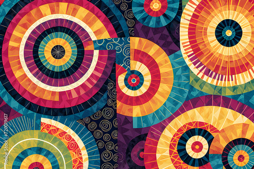 Abstract background with geometric shapes including spirals diamonds and concentric circles. batik inspired illustration.