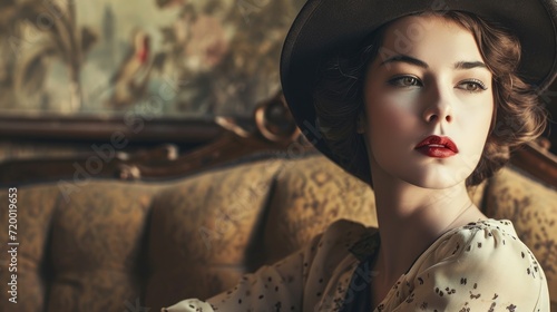Lady in a vintage glamour fashion, which could include elements such as a classic hairstyle from a bygone era, retro makeup, and possibly vintage clothing and accessories.