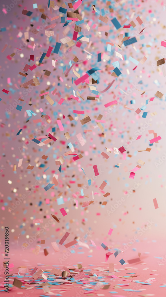 Colorful confetti and streamers against light pink background. Minimal party background Colorful confetti and streamers against light pink background. Minimal party background